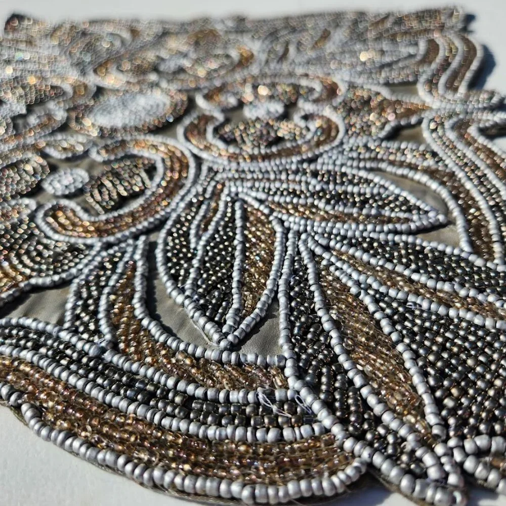 Embroidered Beaded Square Placemat Table Setting Holiday Christmas Decor Silver